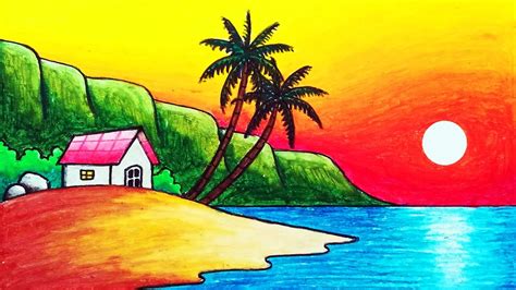 How To Draw Sea Beach Scenery Sunset Scenery Drawing - vrogue.co
