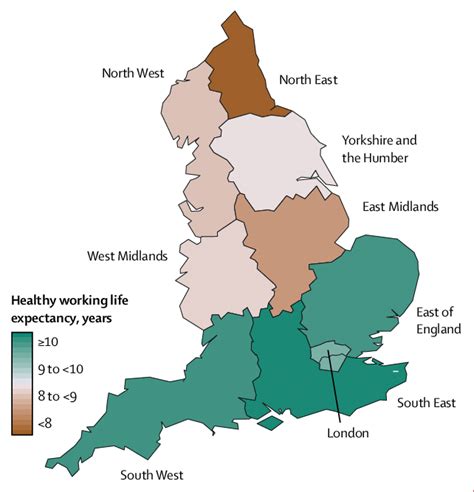 Map of healthy working life expectancy by government office region in ...