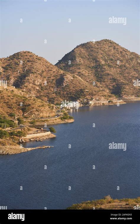 A view of Lake Badi and road connecting to the dam from Bahubali Hills ...