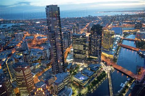 Aerial view of Melbourne at dusk - Stock Photo - Dissolve