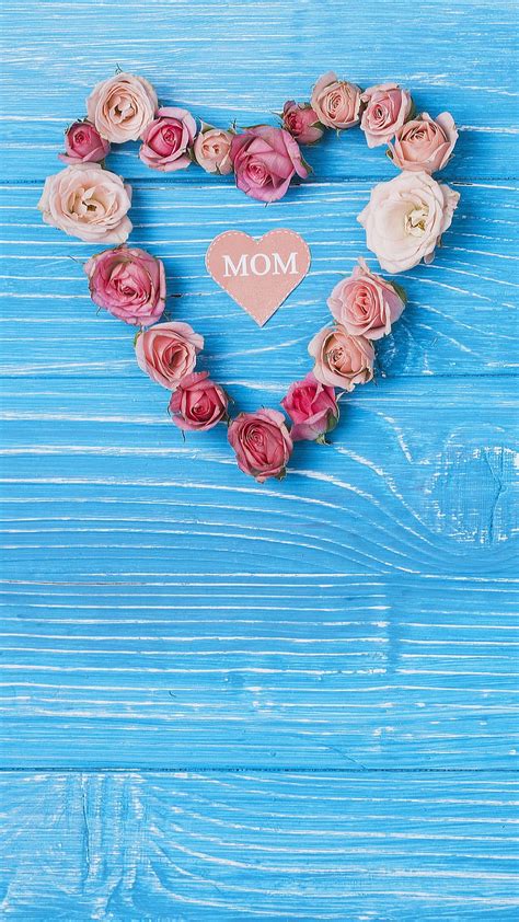 Love you mom, blue wood, heart, mom, mothers day, pink roses, roses, wood, HD phone wallpaper ...