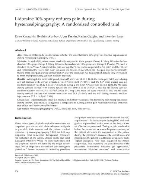 (PDF) Lidocaine Spray Reduces Pain in Hysterosalpingography