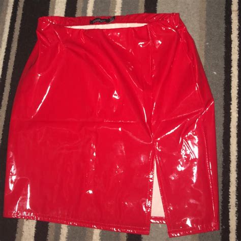 Red vinyl skirt. Size 10 from boohoo, only ever worn... - Depop