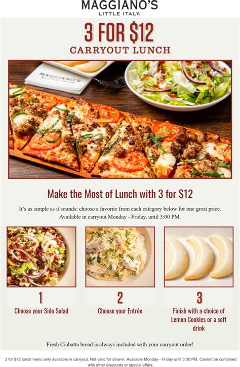 3 for $12 carryout until 3p lunch menu at Maggianos Little Italy restaurants # ...