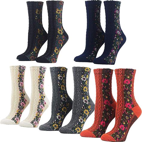 FITU Women 5 Pairs Vintage Socks Flower Socks Floral Retro Style Novelty Cotton Socks ...