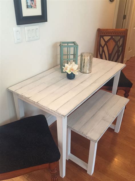 Small farmhouse table for small room. Bench and distressed white washed wood. Decorating a small ...