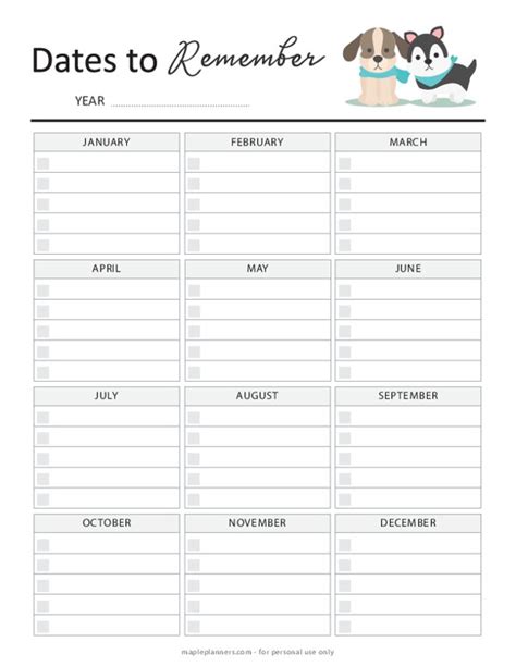 Pet Planner Dates to Remember Template