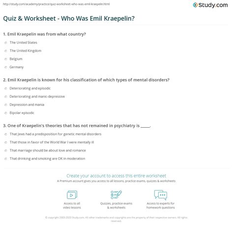 Quiz & Worksheet - Who Was Emil Kraepelin? | Study.com