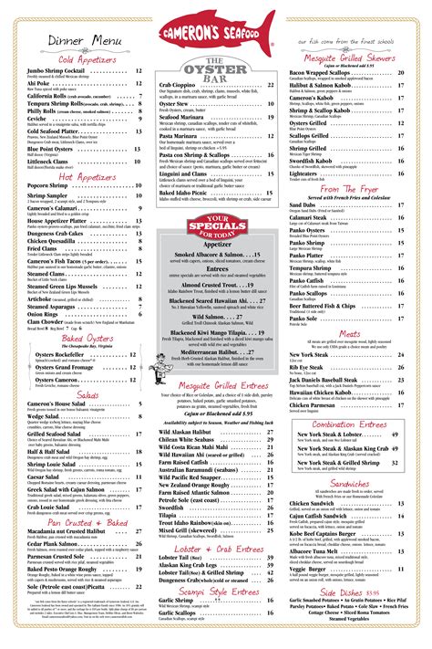 Menu at Cameron's Seafood restaurant, Pasadena