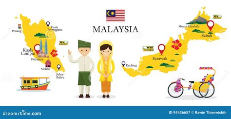 Malaysia Map and Landmarks with People in Traditional Clothing Stock Vector - Illustration of ...