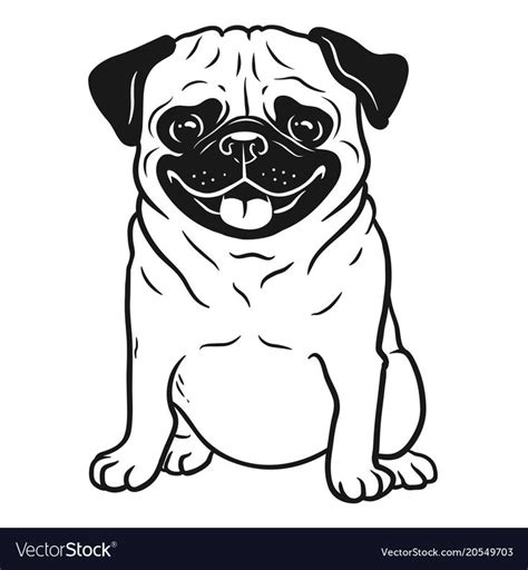 Pug dog black and white hand drawn cartoon Vector Image | Pug art, Dog line drawing, Pug dog