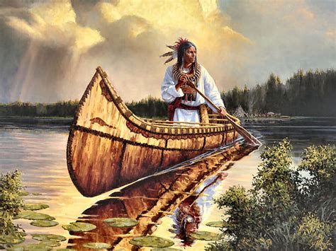 Tranquility Canoeing, canoe, art, beautiful, people, illustration, artwork, Native American ...