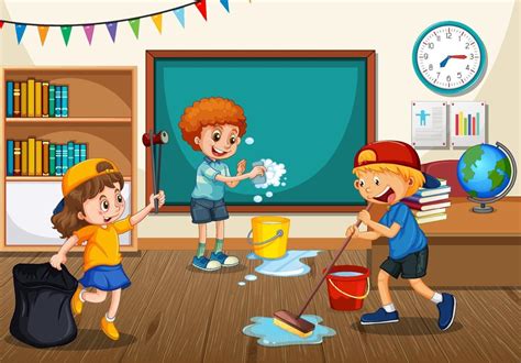 Scene with students cleaning classroom together 3048131 Vector Art at ...