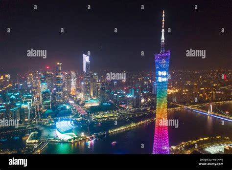 Night view of the Canton Tower or Guangzhou Tower featuring words "Hello Teacher!" to mark ...