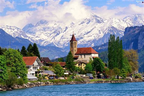 lake, village, Alps, Switzerland, Mountains, Houses - Beautiful views wallpapers: 2560x1708