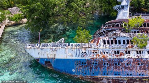 Pictured: The eerie wreck of an abandoned cruise ship that lies just ...