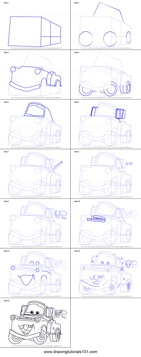 How to Draw Tow Mater from Cars printable step by step drawing sheet : DrawingTutorials101.com ...