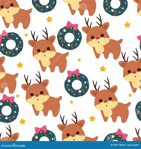 Seamless Pattern Cartoon Deer with Christmas Wreath and Christmas Element Stock Vector ...