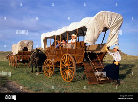 CONESTOGA WAGONS AND LIVING HISTORY INTERPRETERS ALONG THE OREGON TRAIL. CASPER, WYOMING Stock ...