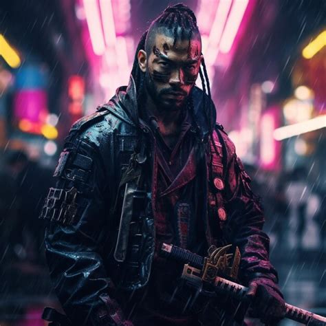 Premium AI Image | shot of samurai Cyberpunk samurai surrounded by city neon lighting