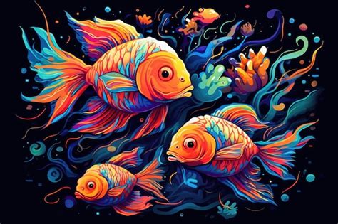 Premium AI Image | Watercolor tropical school of fish on black background