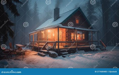 Illuminated Hut in Snowy Forest at Night Generated by AI Stock ...