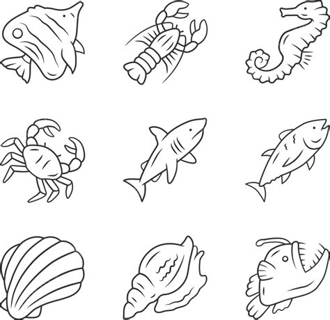 Linear Aquatic Animals Icons With Shark Anglerfish Butterflyfish Vector ...