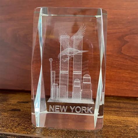 3D LASER ETCHED Crystal Glass Paperweight New York City Twin Towers Eagle & Flag $19.99 - PicClick