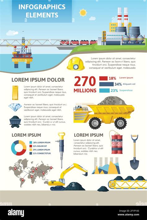 Mining industry vertical infographic poster with cartoon factory floating drilling platform ...