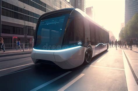 Futuristic Electric Bus on City Street, with People Rushing To and from ...