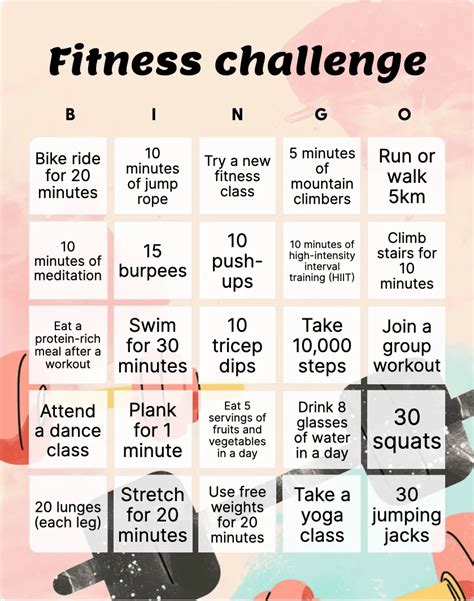 Fitness Challenge Bingo Card Template - Bingo Card Creator