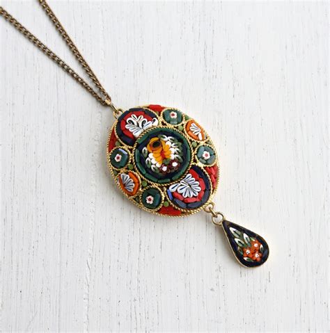 Vintage Micro Mosaic Necklace Italian Glass Gold Tone Floral