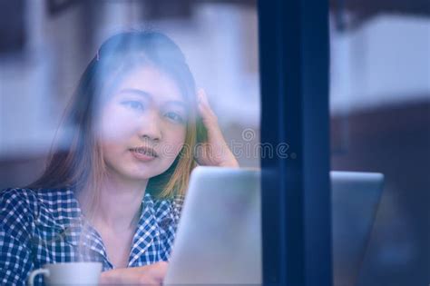 Portrait Asia Young Woman Working on Laptop in Coffee Shop Stock Photo - Image of internet ...