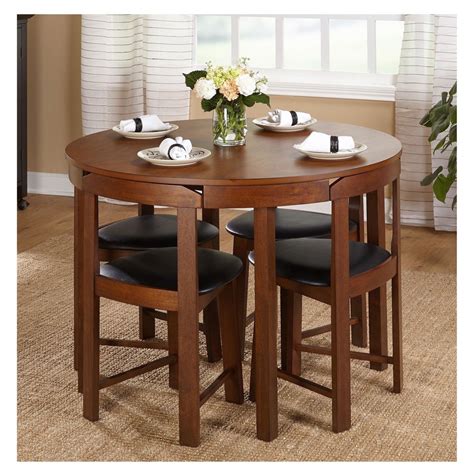Compact Dining Set 5 Piece Round Walnut Kitchen Small Table Wood Space Saving 24319355156 | eBay