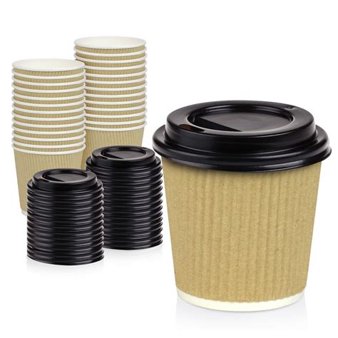 [50 Pack] Disposable Hot Cups with Lids - 4 oz Brown Double Wall Insulated Ripple Sleeves Coffee ...
