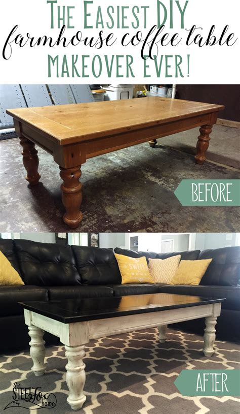 Easy and inexpensive farmhouse style coffee table makeover with distressed paint, stain, and ...