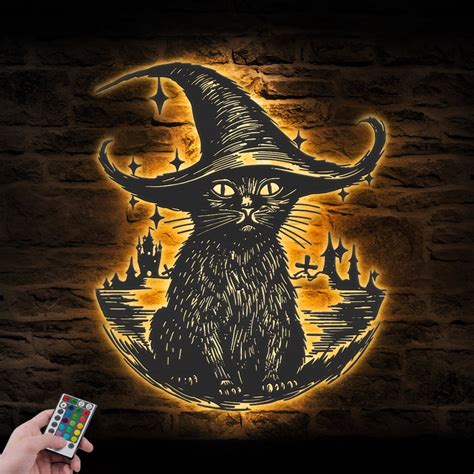 Witch Black Cat Metal Wall Art With LED Light Magic Cat Sign Home Decor Pumpkin Cat Witch ...