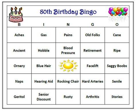 80th Birthday Party Bingo Game 60 Cards Old Age Theme Bingo