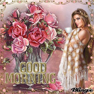 a painting of a woman holding a coffee cup in front of roses and the words good morning