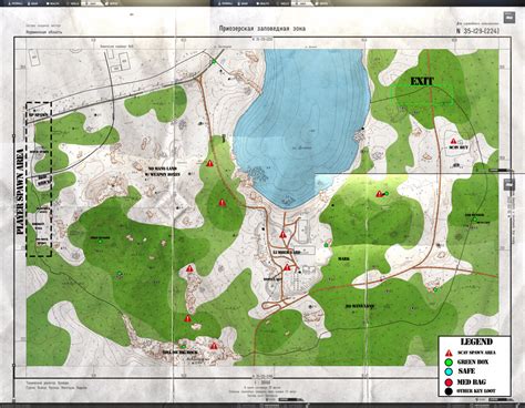 Woods map updated with scav spawns, player spawn, main loot locations, and exit off of the top ...