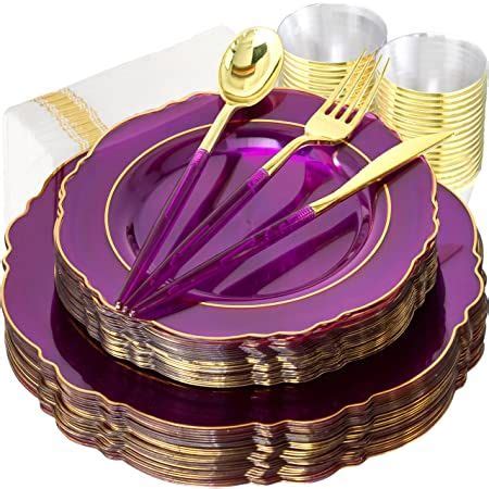a set of purple and gold dinnerware