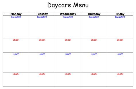 Daycare Menu Template Free