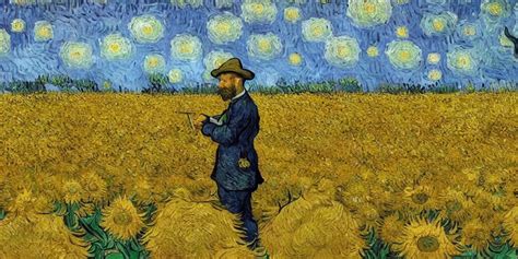 an oil painting of van gogh is painting in a sunflower | Stable Diffusion