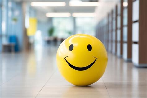Premium AI Image | A Yellow Smiling Ball in the Office Interior Demonstrates a Positive Work ...