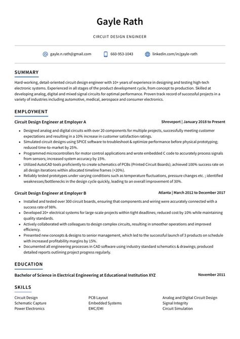 Circuit Design Engineer Resume (CV) Example and Writing Guide