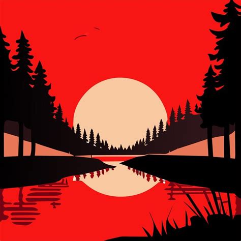 Premium Vector | Sunset on lake red sky with sun going down the pond ...