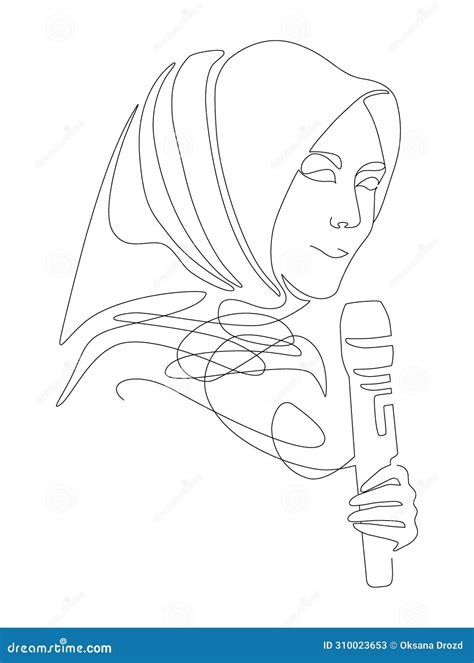 Arabic Successful Woman, Muslim Women In Hijab With Microphone, Hand-drawn Line Art Feministic ...