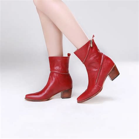 Design Ankle Boots for Women Red Leather Vintage Western Cowboy Boots ...