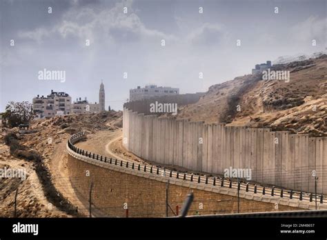 Green Line concrete wall separating Israel and Palestine. Security wall also known as West Bank ...