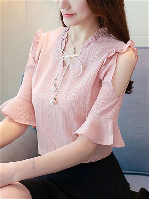 Chiffon V-neck Off-shoulder Solid Color Ruffles Blouse in 2021 ...